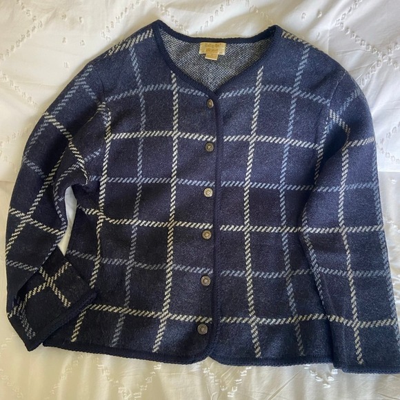 Tally Ho blue 100% wool windowpane cardigan with buttons size X - Picture 1 of 6